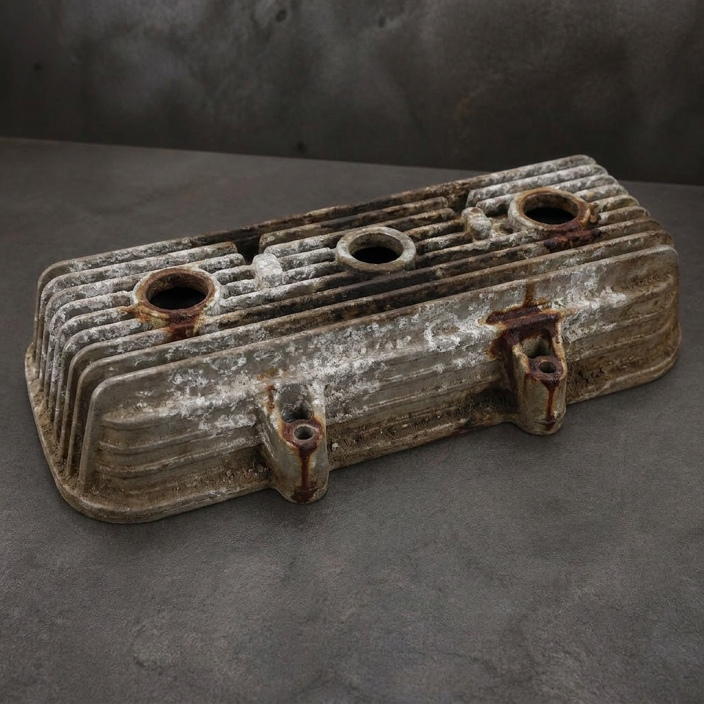 Finned magnesium cam cover with chalky white corrosion and rust streaks around the bolt holes