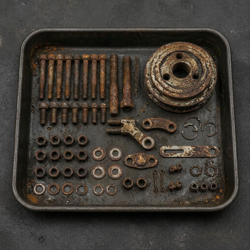 Tray of rusty air-cooled engine bolts, nuts, washers, clips and pulleys