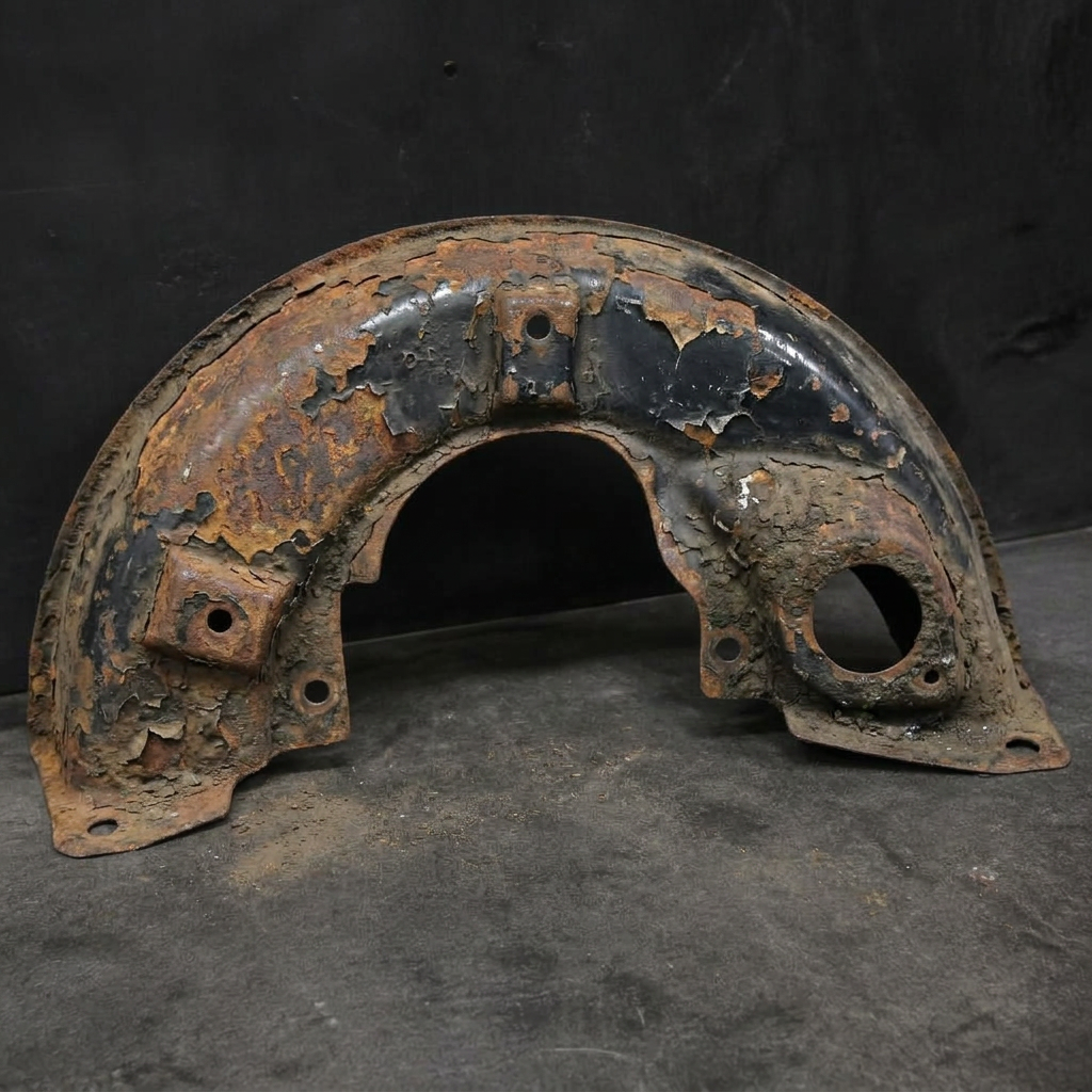 Rusted flaking stamped steel air-cooled engine tin shroud