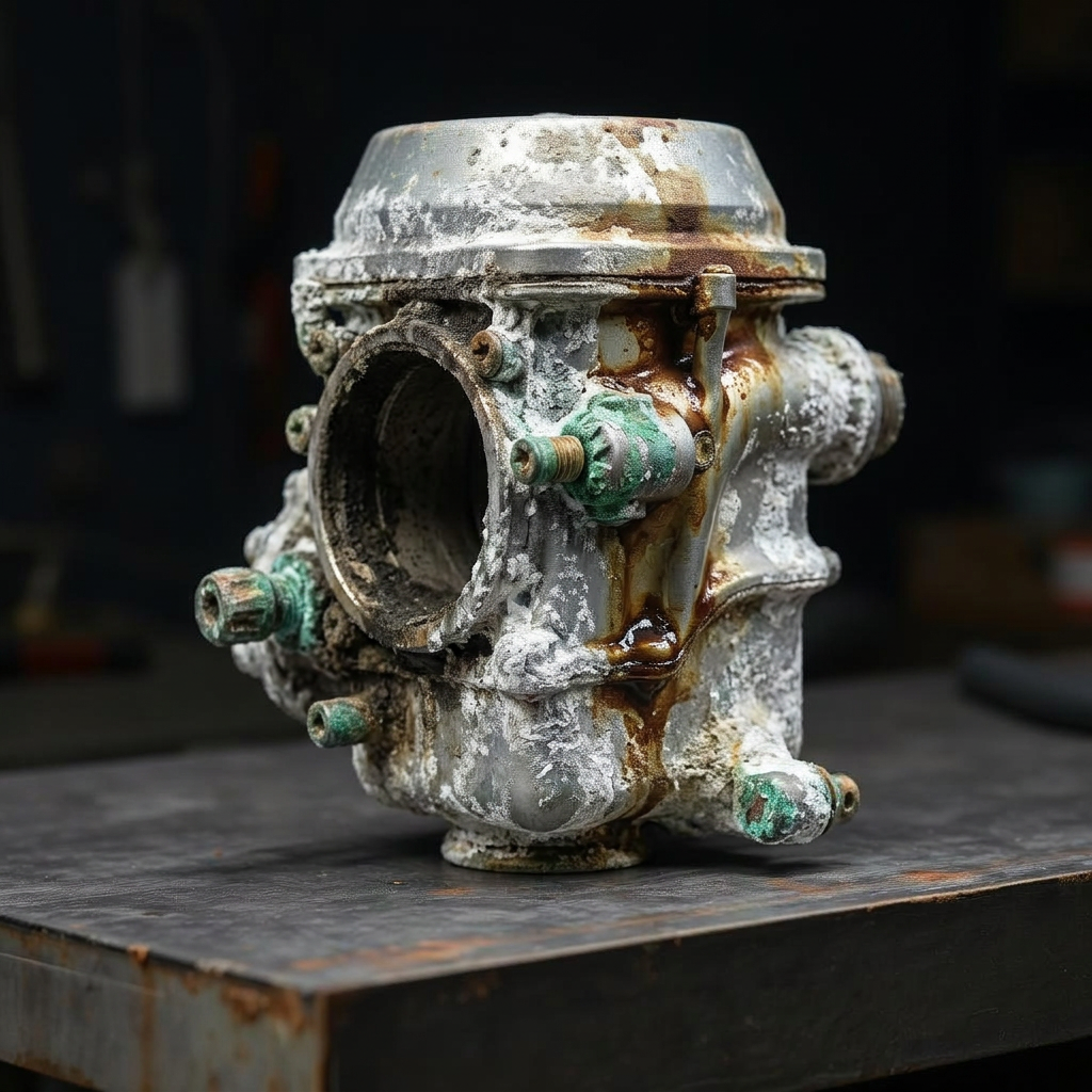 Corroded crusty vintage zinc-aluminum carburetor body