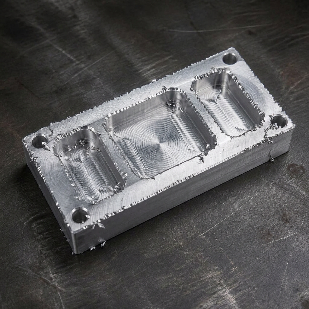 Aluminum bracket with burrs and tool marks