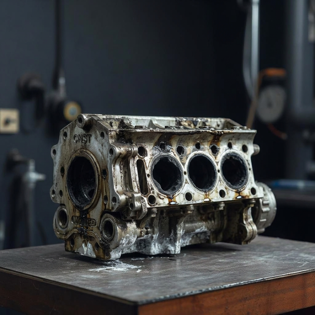 Oil-stained oxidized motorcycle aluminum cylinder head before tumbling