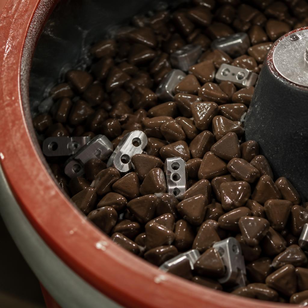 Ceramic tumbling media surrounding aluminum parts inside a vibratory finishing bowl