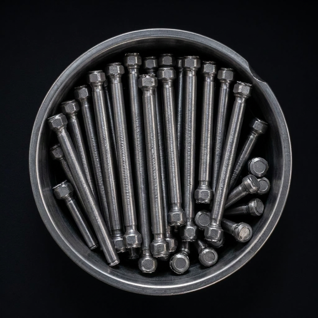 Tray of freshly turned steel shafts with tool marks and sharp edges