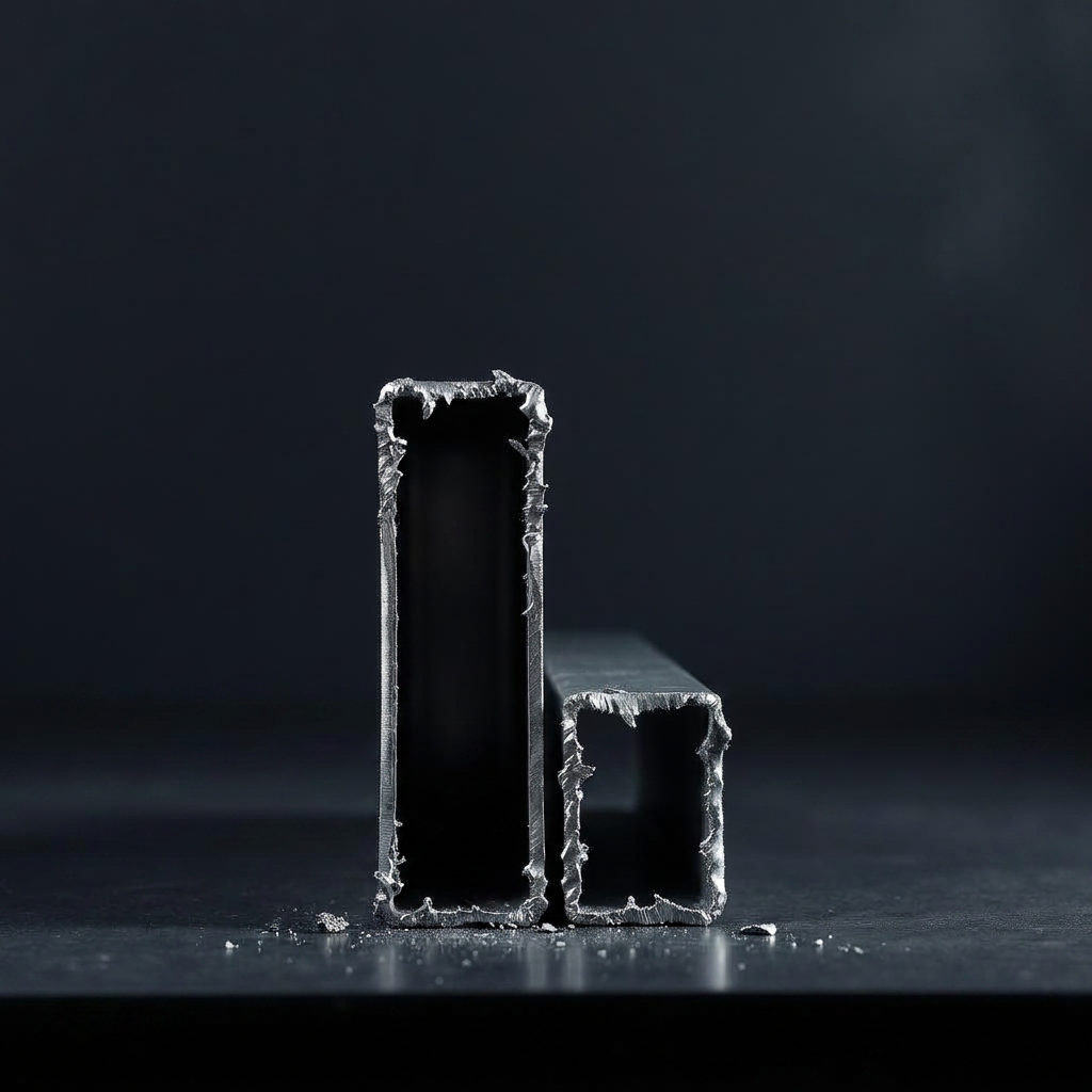 Rectangular aluminum box tube sections with burrs and dross on cut ends