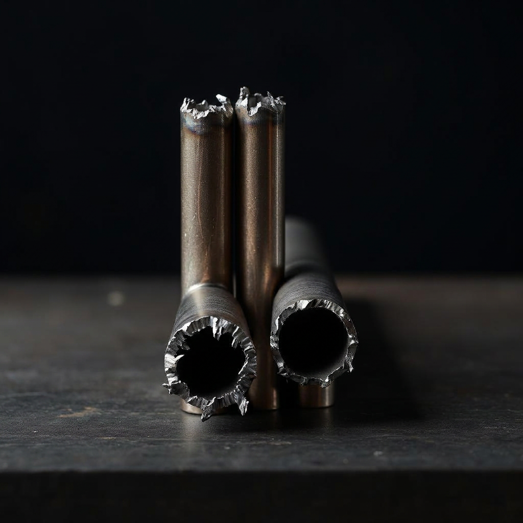 Round chromoly steel tubes with sharp jagged saw-cut burrs on the ends