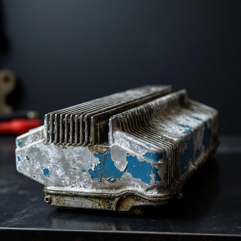 Oxidized aluminum valve cover with chipped old paint