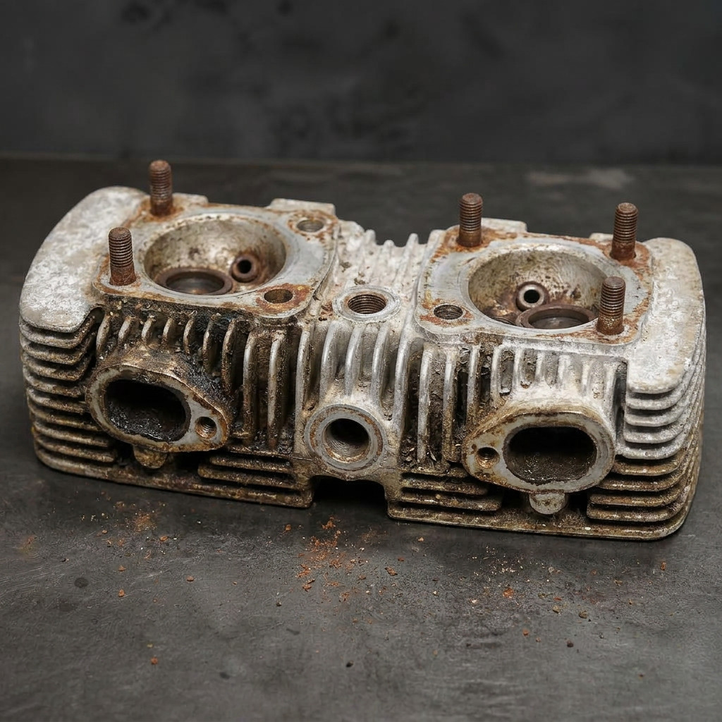 Air-cooled VW Beetle Type 1 cylinder head caked in oil varnish, grit and white oxidation